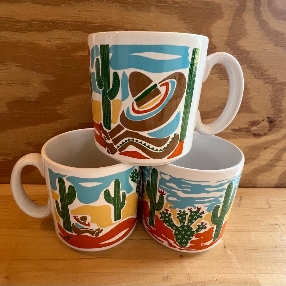 John Tams made in England set of 3 Cactus desert Ceramic coffee Mugs cowboy cup